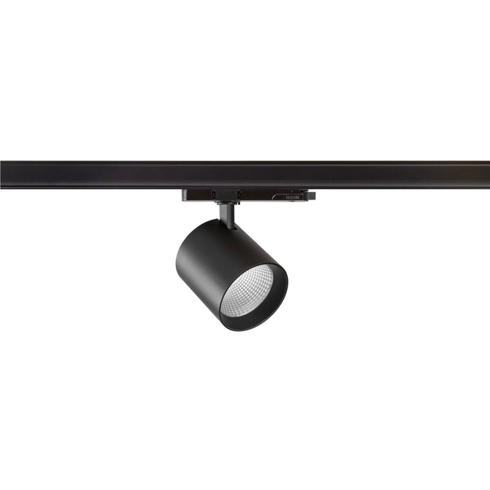 Black track lighting fixture, metal with matte finish, track mounted.