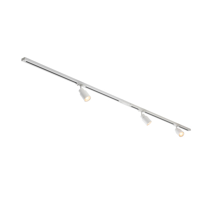 White track lighting fixture with three spotlights, surface mounted.