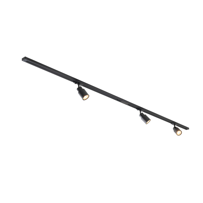 Black metal track lighting fixture with three adjustable spotlights, ceiling mounted.