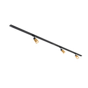 Modern track lighting fixture with three gold spotlights on a black track.