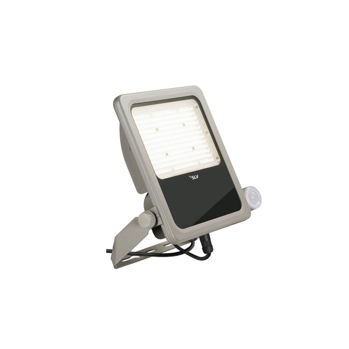 SLV LED outdoor floodlight, gray finish, with motion sensor and bracket mounting.