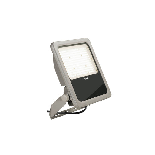 Gray aluminum LED flood light with bracket mount.