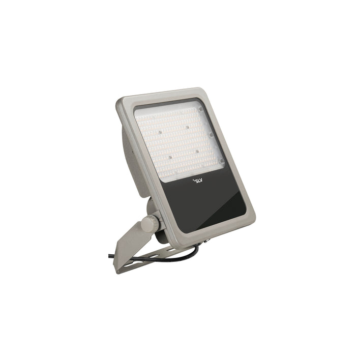 Silver aluminum LED flood light with bracket mount.