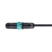 Black plastic cable connector with turquoise locking ring.