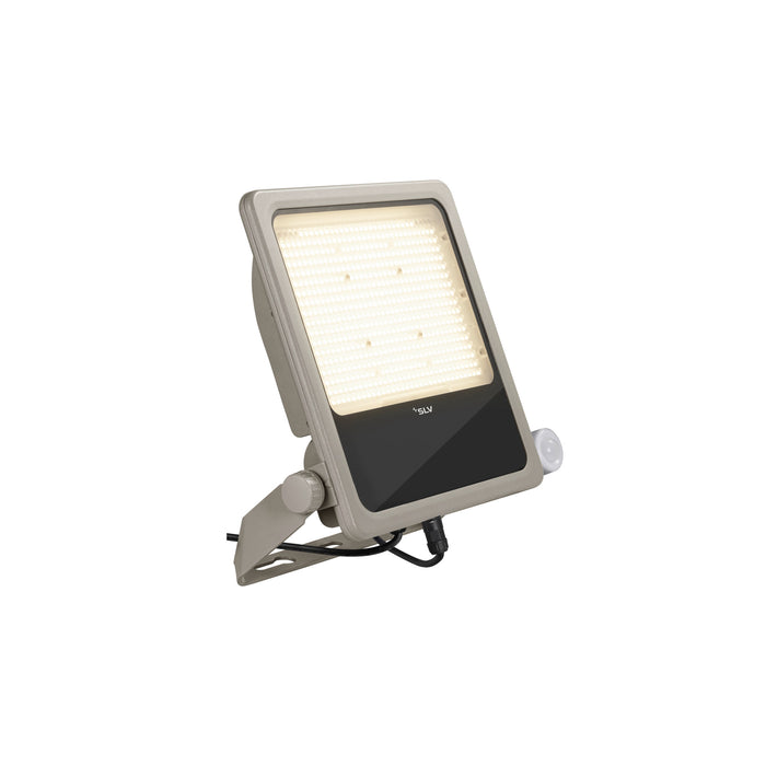 SLV LED outdoor floodlight, aluminum, sand grey finish, with bracket mount and motion sensor.