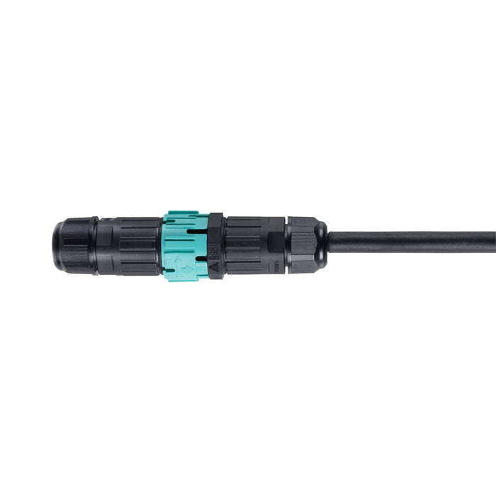 Black plastic cable connector with turquoise accent.