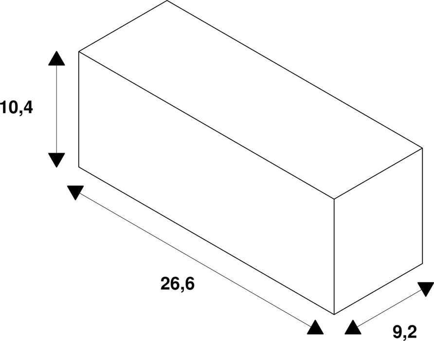 Diagram of a white rectangular prism with dimensions 26.6 x 9.2 x 10.4.