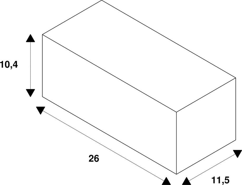 Diagram of a white rectangular prism with dimensions 26 x 11.5 x 10.4.