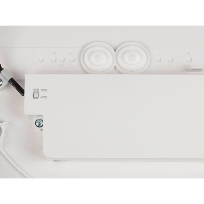 White LED panel light, showing adjustable color temperature switch (3000K/4000K) and knockouts.