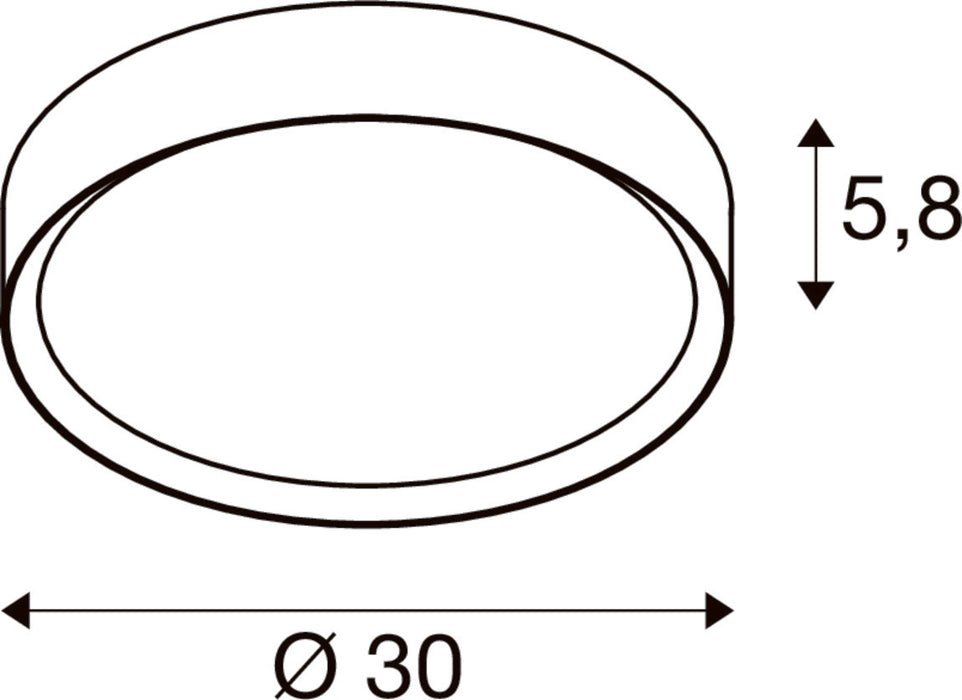 Technical drawing of a round, surface-mounted light fixture with dimensions: diameter 30, height 5.8.