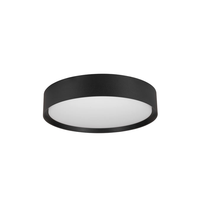 Modern black metal flush mount ceiling light fixture with white diffuser.