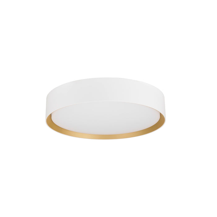 White metal flush mount ceiling light fixture with gold accent.