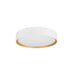 White metal flush mount ceiling light fixture with gold accent.