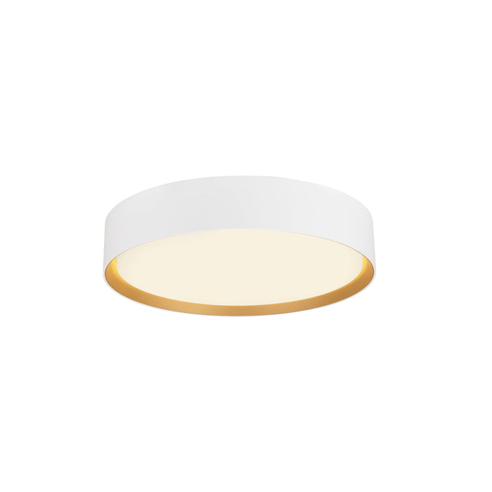 White metal flush mount ceiling light fixture with gold accent.