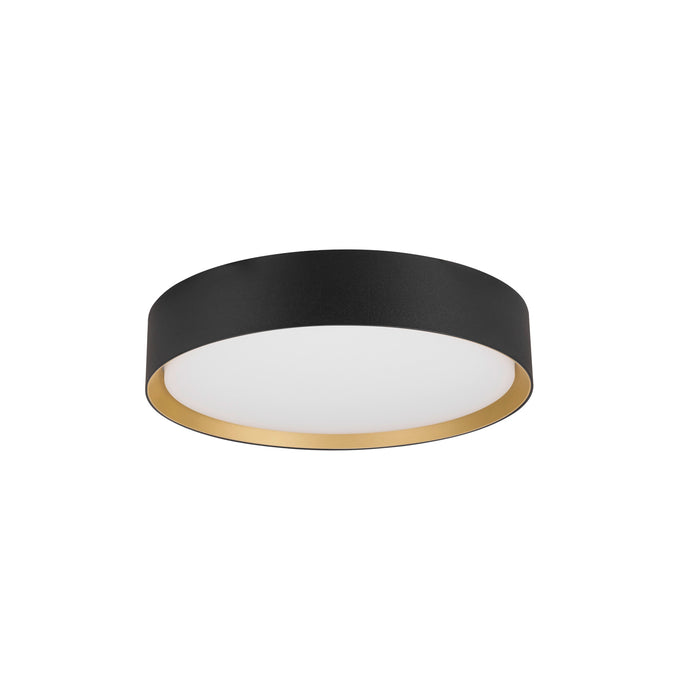 Round ceiling light fixture, black finish with gold accent, flush mount.