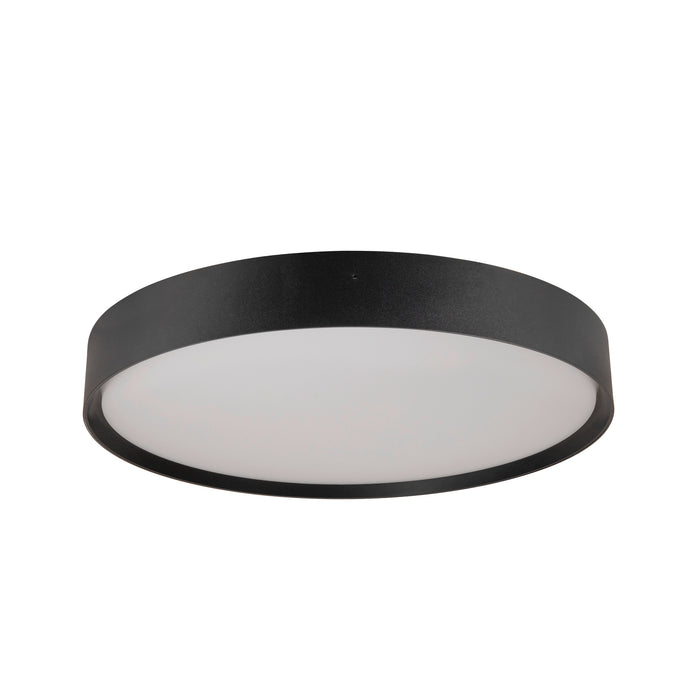 Black metal round LED ceiling light fixture with white diffuser.