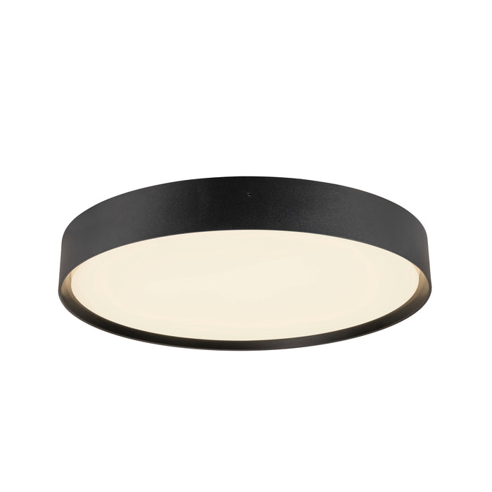 Black metal flush mount ceiling light with white diffuser.