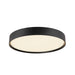 Black metal flush mount ceiling light with white diffuser.