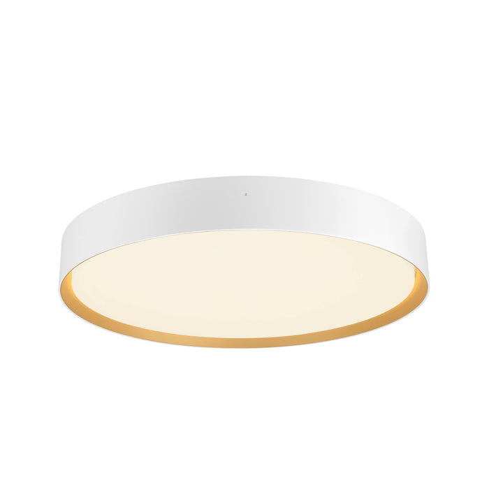 White metal flush mount ceiling light with gold interior.