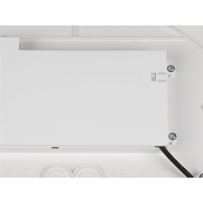 White LED panel light, showing color temperature switch (3000K/4000K) and mounting hardware.