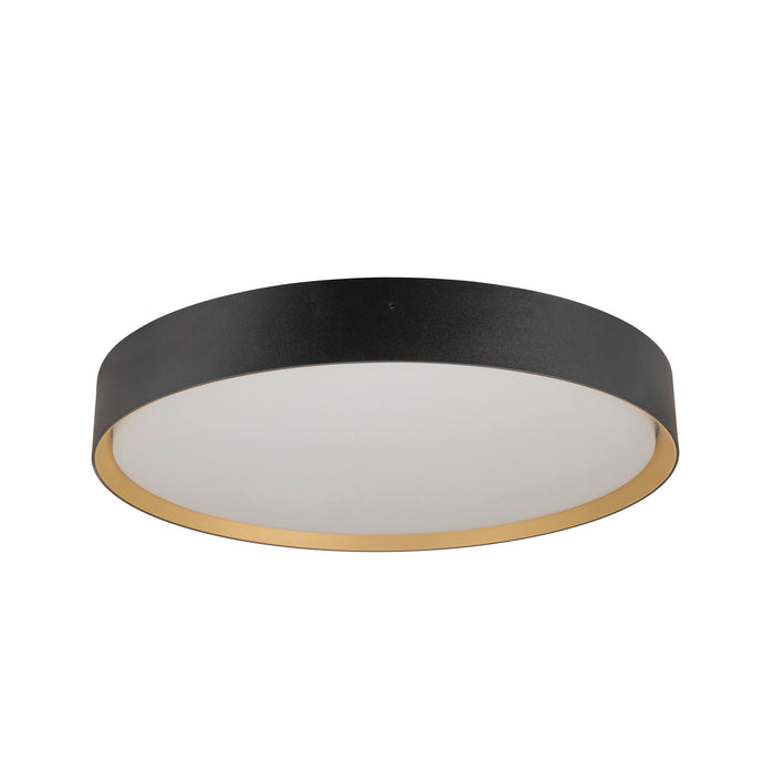 Round LED ceiling light with black finish and gold accent.