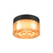 Amber glass flush mount ceiling light fixture with black trim.