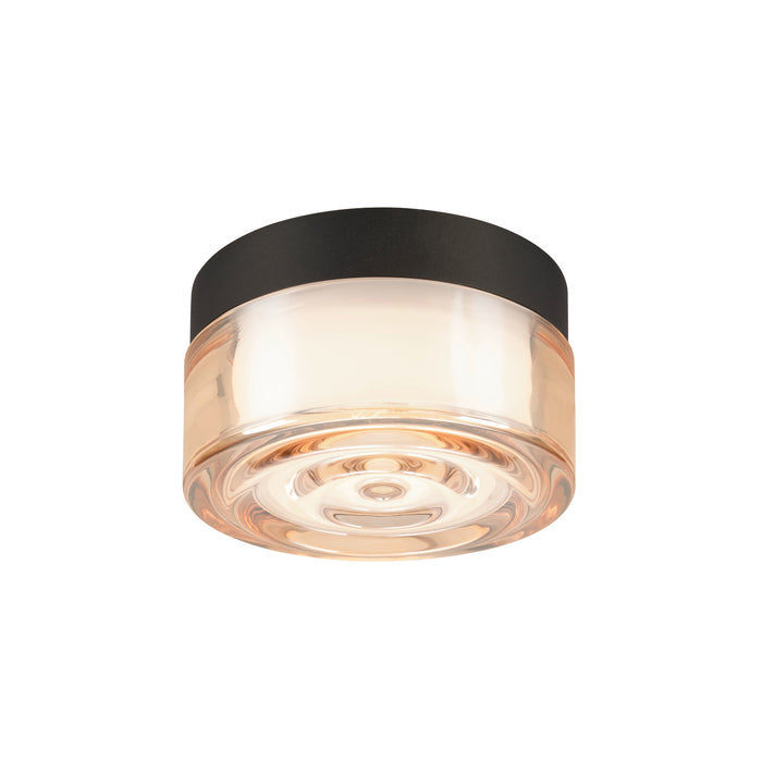 Glass flush mount ceiling light fixture with a black finish.