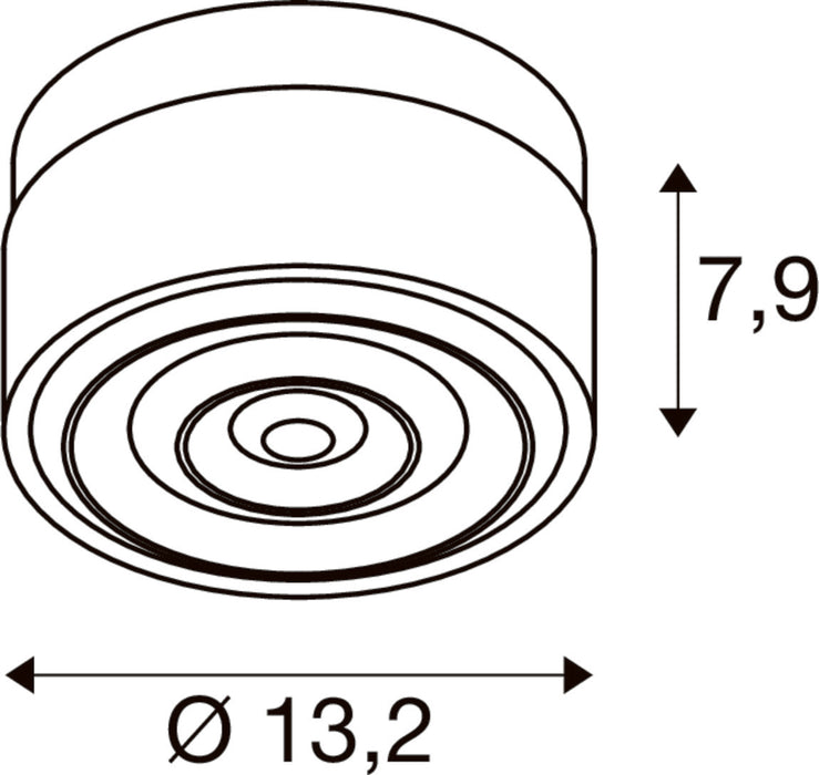 Technical drawing of a round, surface-mounted fixture with dimensions 7.9 and diameter 13.2.
