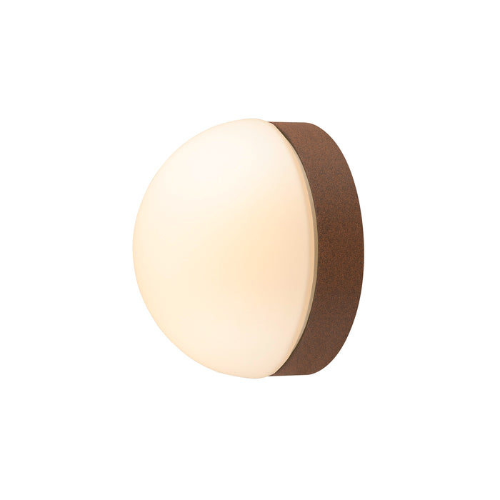 Round wall sconce with a brown textured backplate and a frosted glass diffuser.