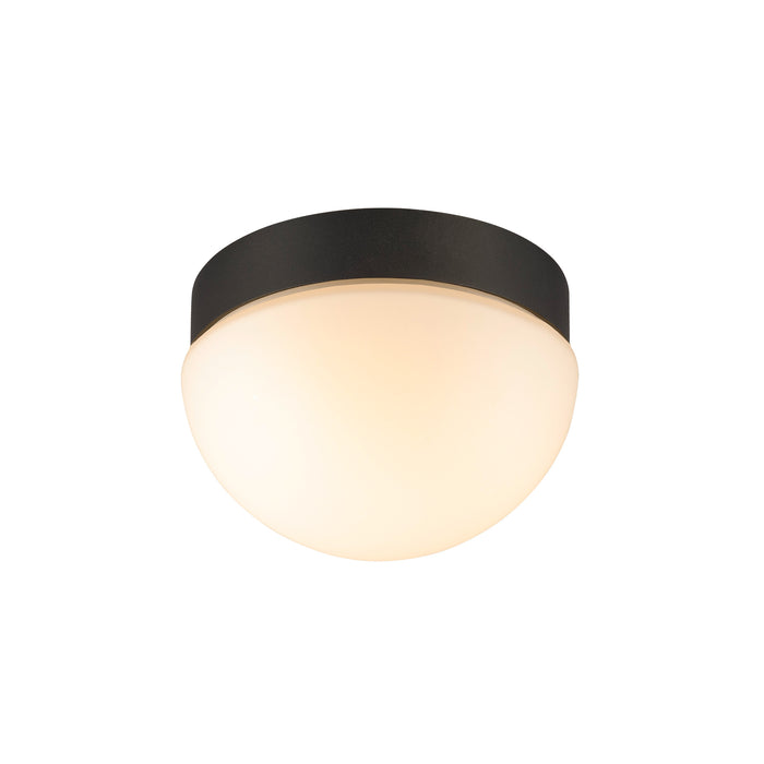Black metal and frosted glass flush mount ceiling light.