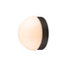 Modern wall sconce with a matte black finish and a round, opal glass diffuser.