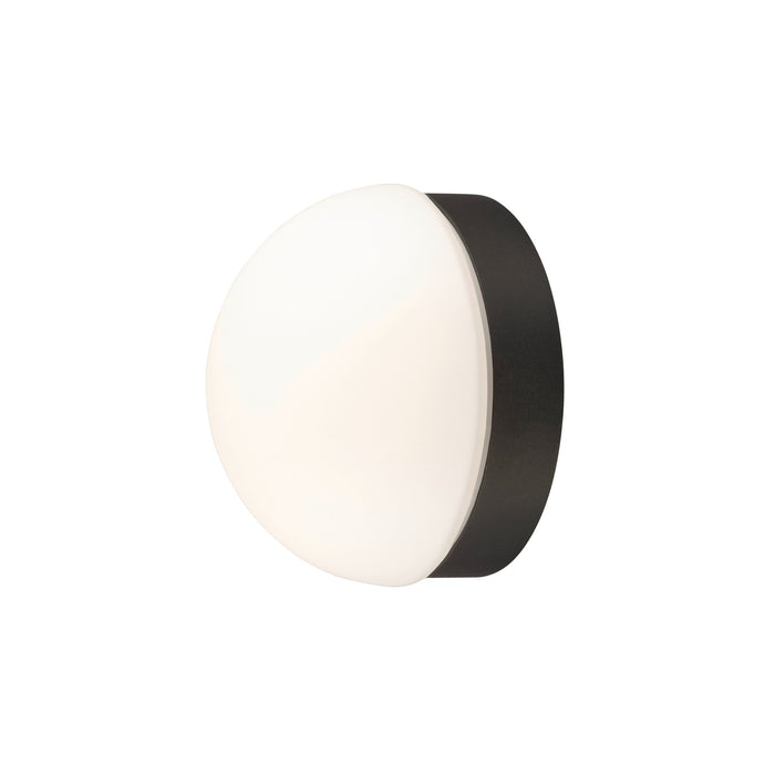 White glass wall sconce with black metal base.