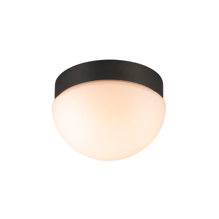 Black metal and white glass flush mount ceiling light.