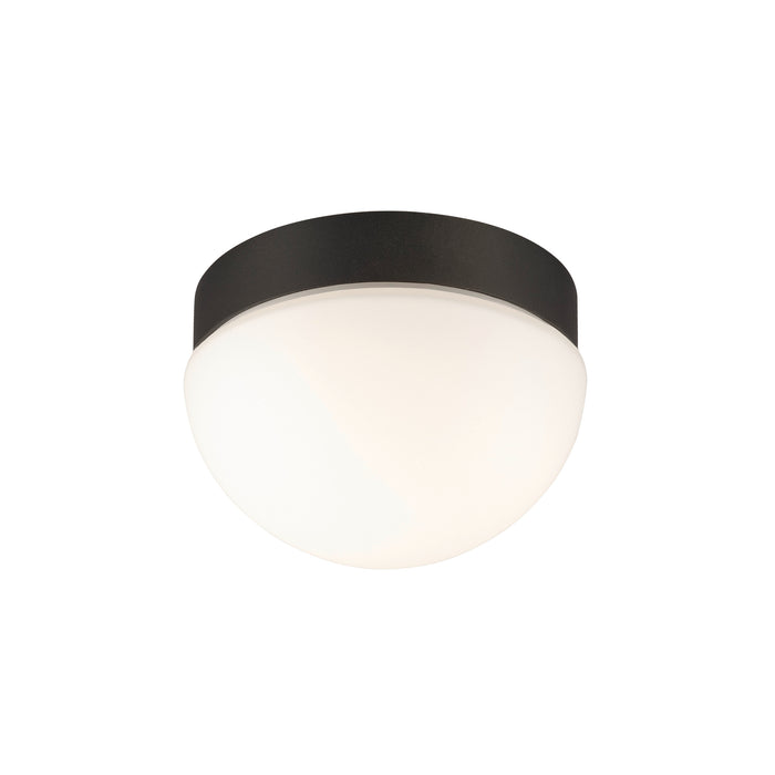 Black metal and white glass flush mount ceiling light.