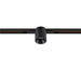 Black track lighting fixture, cylindrical head, mounted on a black track.
