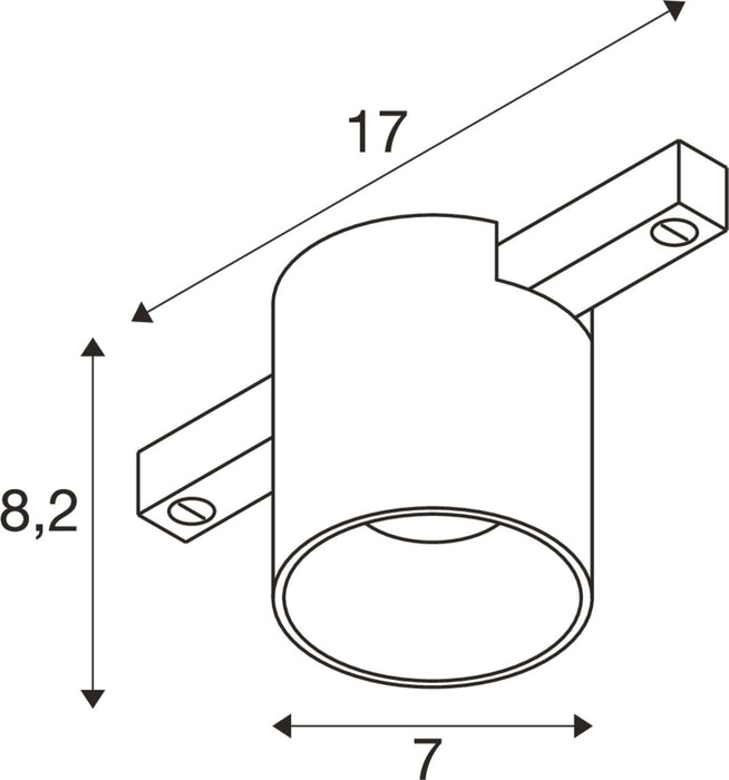 Technical drawing of a cylindrical track light fixture with dimensions.