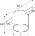 Technical drawing of a cylindrical track light fixture with dimensions.