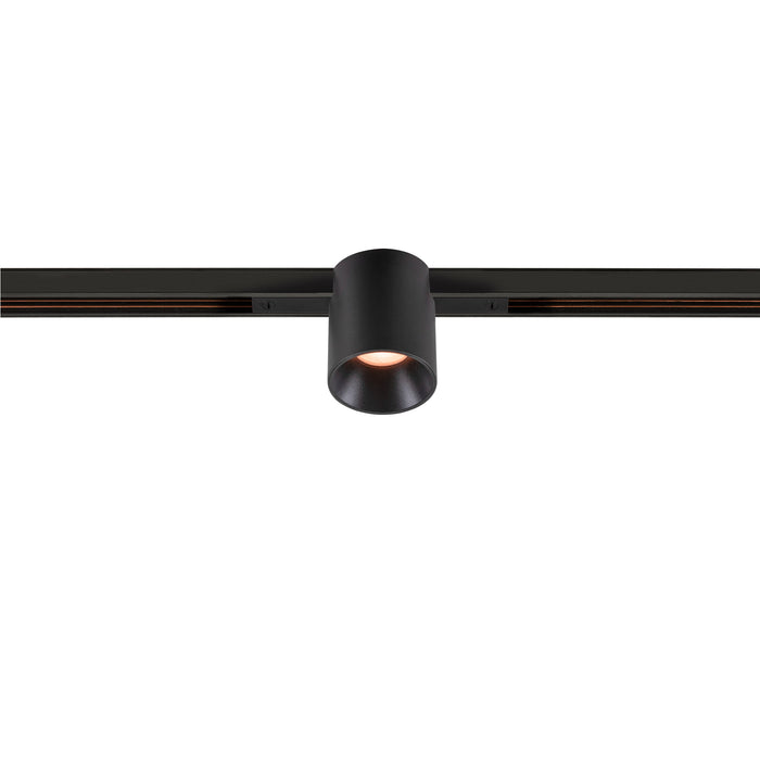 Black cylinder track lighting fixture, metal, matte finish, track mounted.