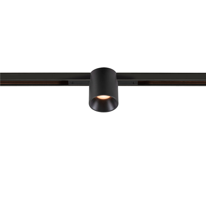 Black cylinder track lighting fixture, matte finish, track mounted.
