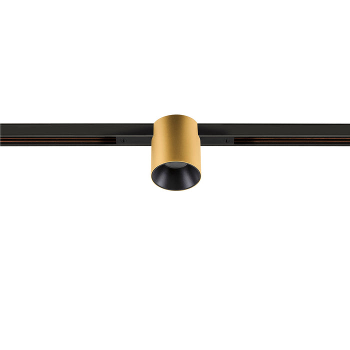 Metal track lighting fixture, gold finish, mounted on black track.