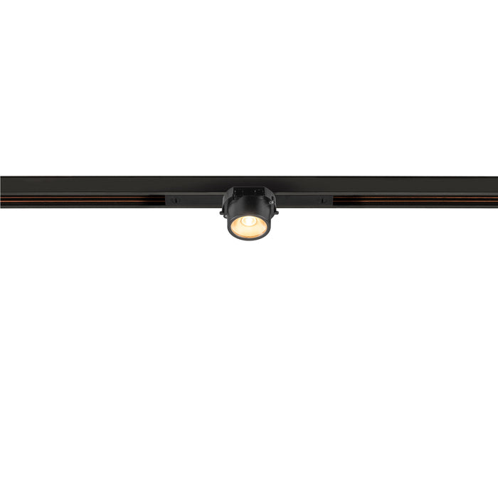 Black track lighting fixture, metal, track mounted.