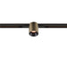 Cylindrical track light fixture, bronze finish, mounted on black track.