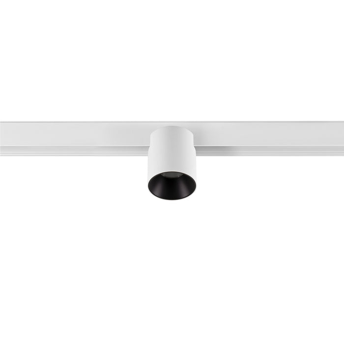 White track lighting fixture with a cylindrical head, black interior, and track mount.