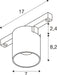 Technical drawing of a white track light fixture with dimensions.