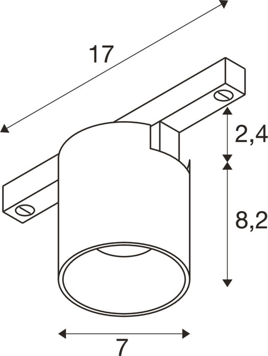 Technical drawing of a white track light fixture with dimensions.