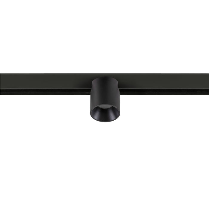 Black track lighting fixture, metal, mounted on track.