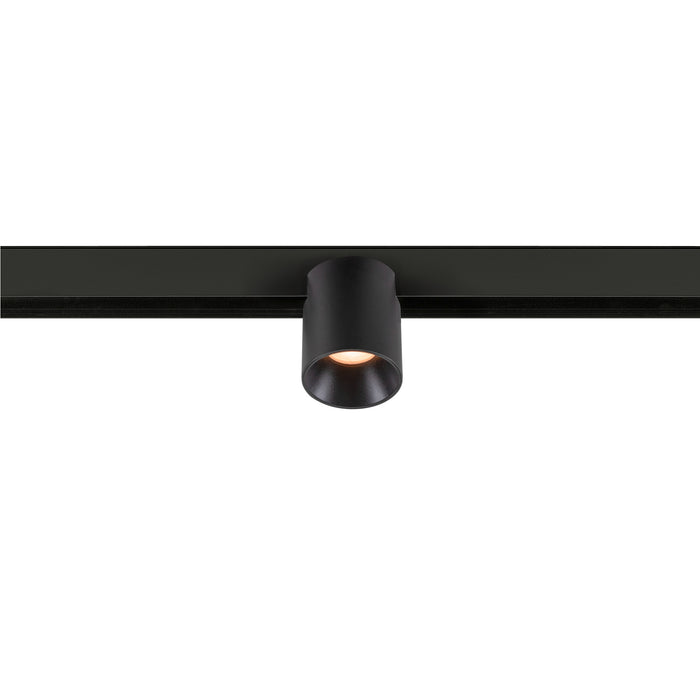 Black track lighting fixture, cylinder shape, mounted on track.
