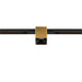 Gold finish track lighting fixture, square shape, mounted on black track.