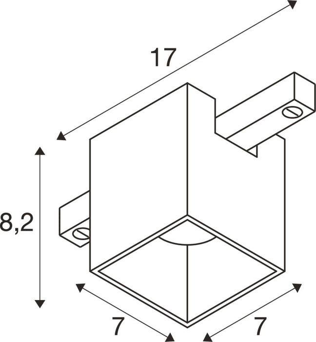 Technical drawing of a cube-shaped surface-mounted light fixture with dimensions.