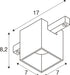 Technical drawing of a cube-shaped surface-mounted light fixture with dimensions.
